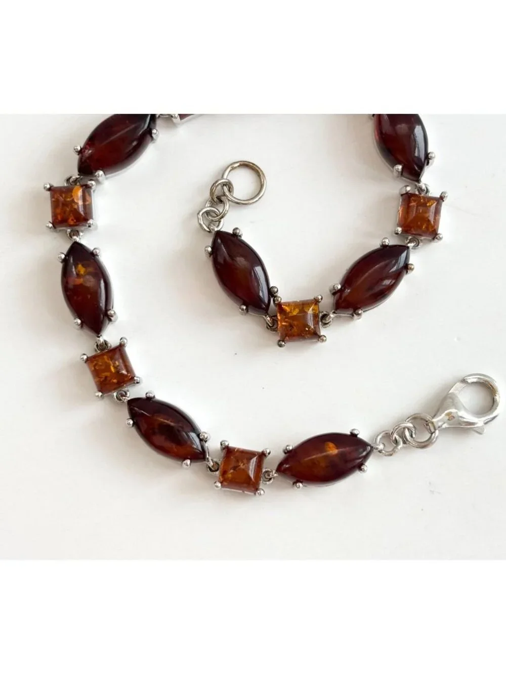 Natural Baltic Amber Marquise Chainlink Vintage Sterling Silver 925 Bracelet 7